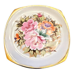 Vintage Norcrest Decorative Plate – Square, 8" – Floral Design with Gold Edge